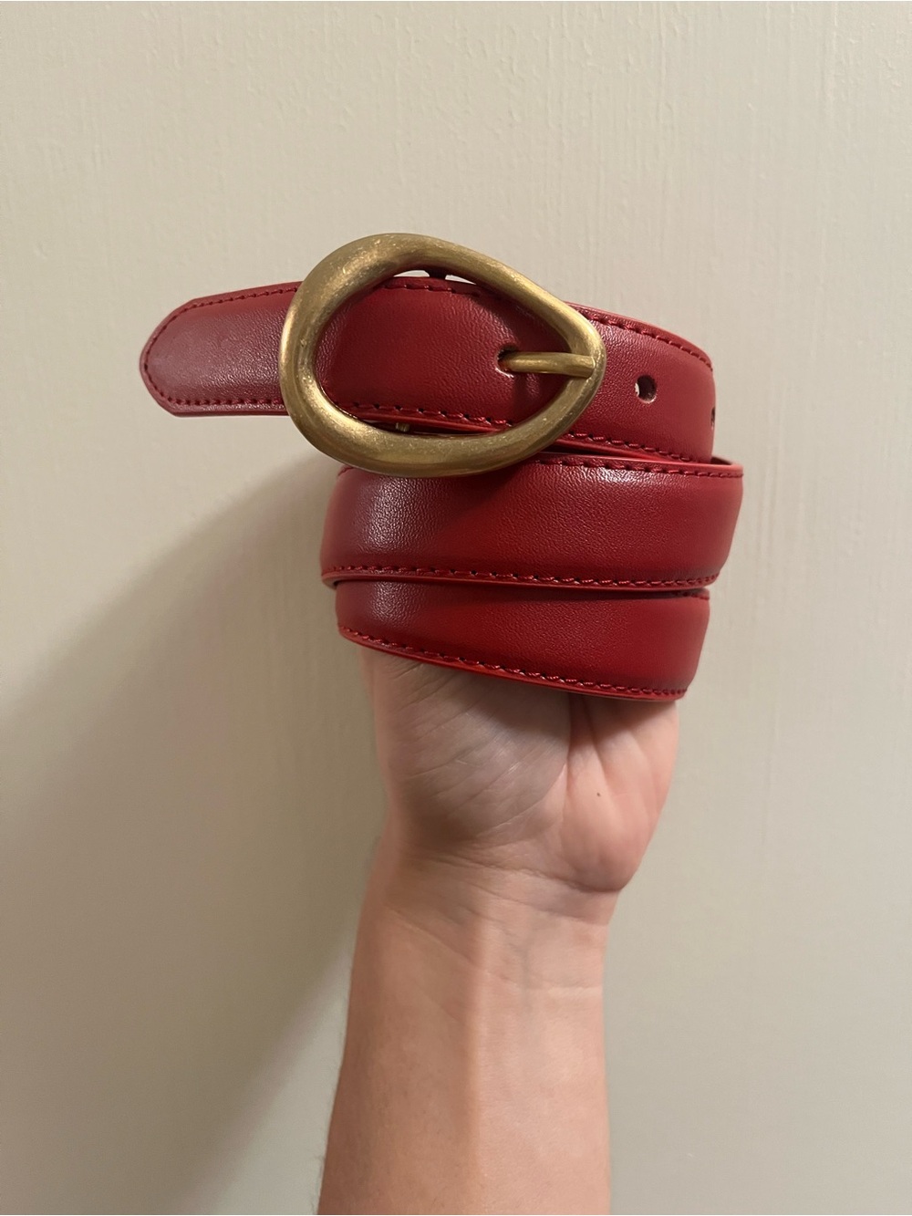 Red Leather Belt with Brass Teardrop Buckle